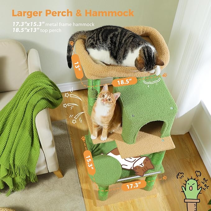 PETEPELA 56.3'' Tall Cat Tree for Indoor Cats, Cactus Cat Tower with Super Large Hammock (20''X16''), Sisal Covered Scratching Posts, Cozy Condo and Top Perch Green-Mewly Pet