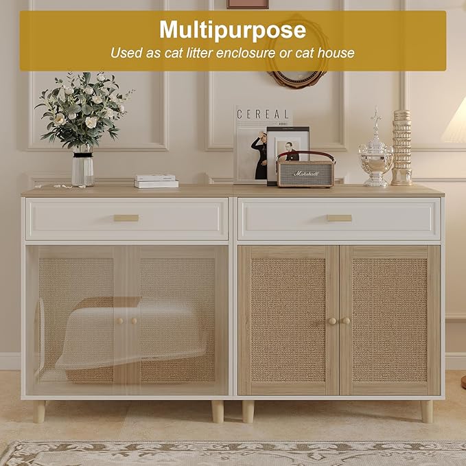 Cat Litter Box Enclosure Furniture Hidden - Indoor 2-in-1 Wooden Cat House & Washroom Cabinet with Scratching Board Doors and Drawer, 31.5”x21.6”x34.6”H-Mewly Pet