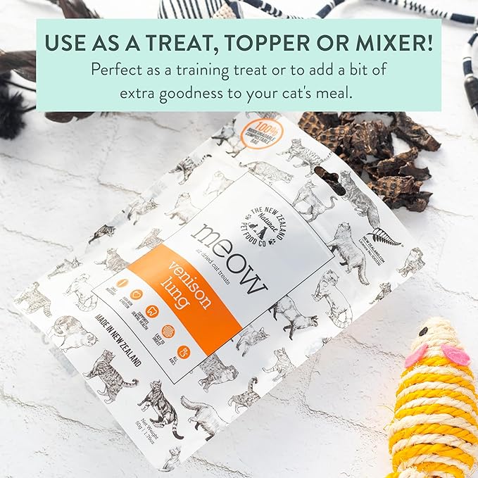 Meow Air Dried Cat Treats - Venison Lung, High Protein, Healthy Cat Snacks and Toppers, All Natural for All Life Stages, 1.76 oz-Mewly Pet