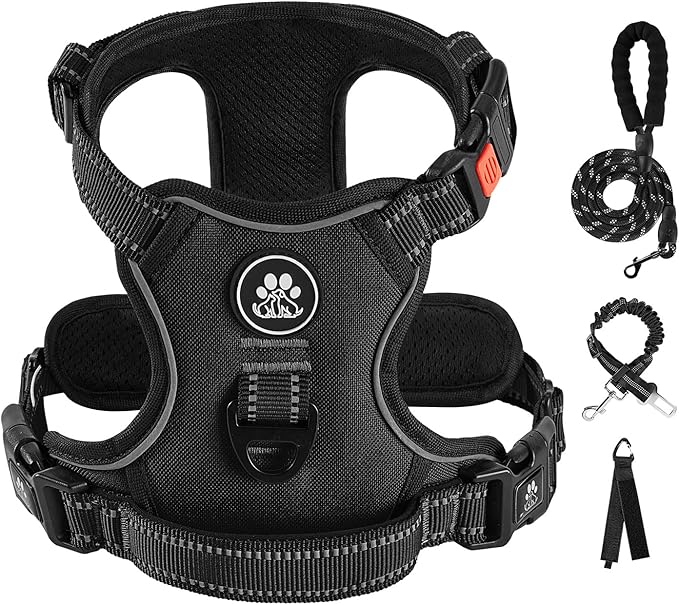 IVY&LANE No Pull Dog Harness for Large Dogs, Dog Vest Harness with Leash, Safety Belt and Storage Strap, Fully Adjustable Harness, 360° Reflective Strip, Soft Handle (Black, XL)-Mewly Pet