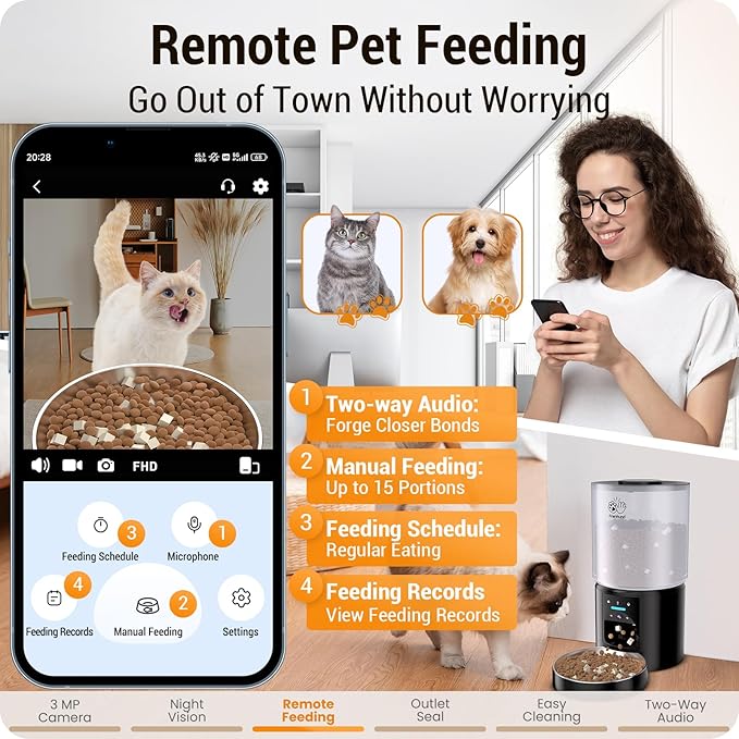 5L Automatic Cat Feeder with 2K HD Camera: 5G WiFi Automatic Dog Feeder with Night Vision,Cat Food Dispenser with Freshness for Multiple Pets,Detachable for Easy Clean-21 Cup (Sealed Outlet)-Mewly Pet