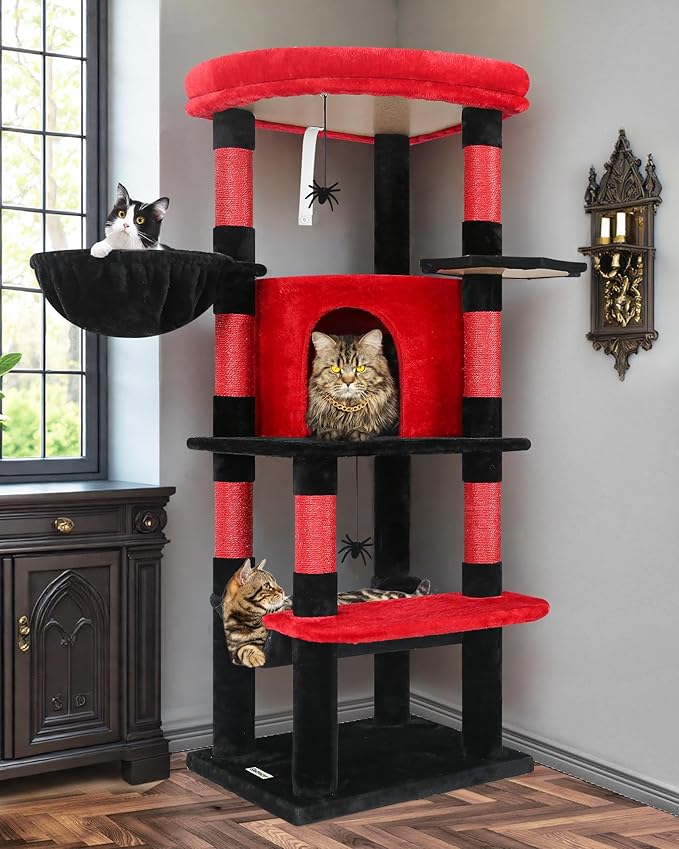 Globlazer Gothic Corner Cat Tree Tower with Scratching Post for Indoor Cats, 51inch Goth Cat Condo Tower with Large Hammock, Fan-Shaped Padded Perch, Spacious Cat Cave, Hanging Basket, C51, Red Black-Mewly Pet