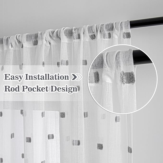 MYSKY HOME White Curtains for Bedroom 84 Inch Length Long Sheer Curtains for Living Room Nursery Curtains with Grey Patched Design Rod Pocket Privacy Window Drapes Dining Room 52" x 84" 2 Panels
