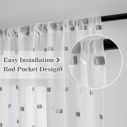 MYSKY HOME White Curtains for Bedroom 84 Inch Length Long Sheer Curtains for Living Room Nursery Curtains with Grey Patched Design Rod Pocket Privacy Window Drapes Dining Room 52" x 84" 2 Panels