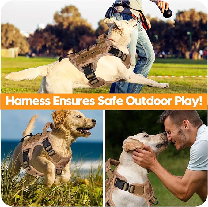 Heavy-Duty Tactical Dog Harness for Large Dogs, No Pull Adjustable Reflective Pet Vest with Molle System, K9 Military-Grade Control for Service Training, Outdoor & 10+ Breeds, Khaki Camo, Small-Mewly Pet