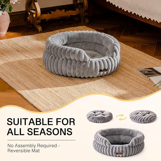 MEWOOFUN Cat Beds for Indoor Cats, Washable Dog Bed for Small Dogs, Round Pet Bed for Puppy and Kitten with Anti-Slip Bottom (Grey, 20"x20"x8")-Mewly Pet