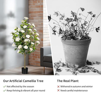 Artificial Camellia Tree 2 Pack, Artificial Plants Outdoor Faux Floral Plant in Cement Pot Fake Silk Camellia Tree Plants for Home House Living Room Office Decor