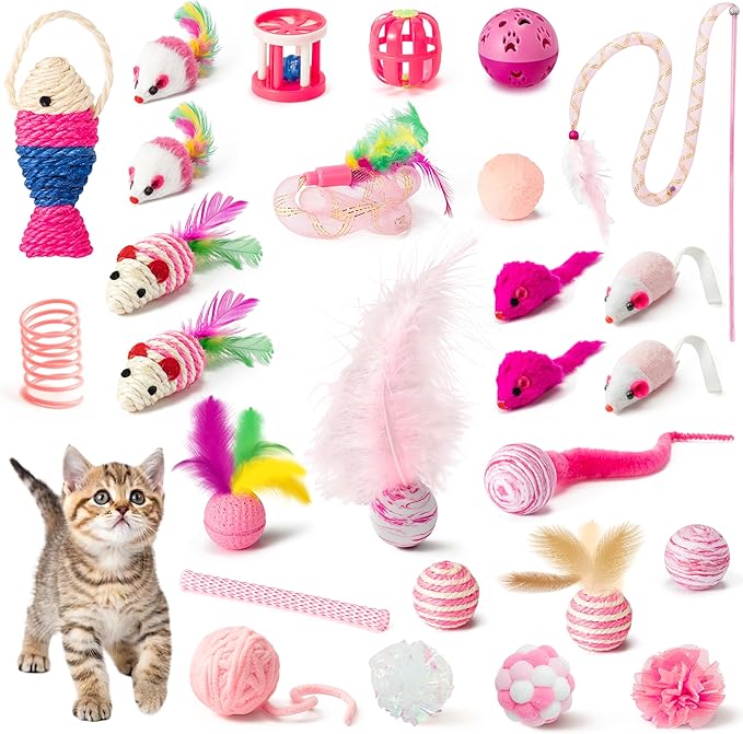 MALLMALL6 Cat Interactive Toys Set - 27Pcs Kitten Toys Stuff Pink Feather Teaser Wand Springs Mice Sisal Fish Crinkle Balls Bell Balls, Puzzle Gift Pack for Indoor Kitty Play Exercise-Mewly Pet