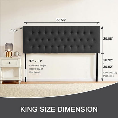 Tufted Upholstered Headboard King Size, Solid Wood Head Board with Durable Metal Legs, Adjustable Height Bed headboard from 37” to 51” Fabric Headboard in Modern Button Design (Black)