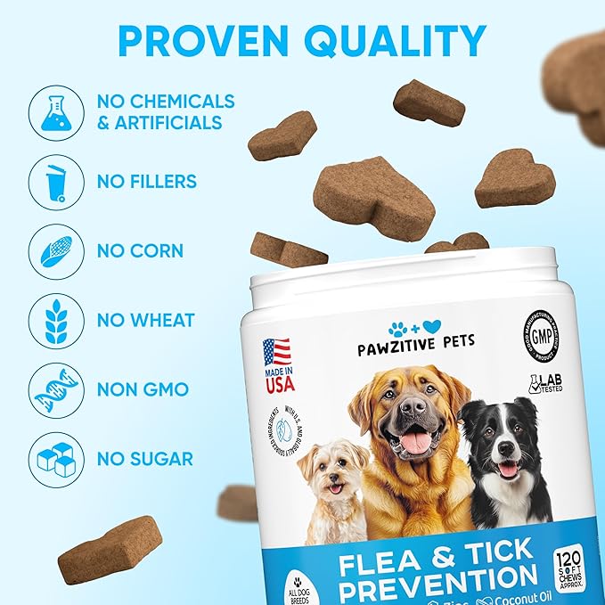 Chewable Flea and Tick Prevention for Dogs - 120 Soft Chews Made in USA - Oral Flea and Tick Control Pills for Small, Medium, Large Dogs and Puppies - Skin and Coat Supplement Treats for All Breeds-Mewly Pet