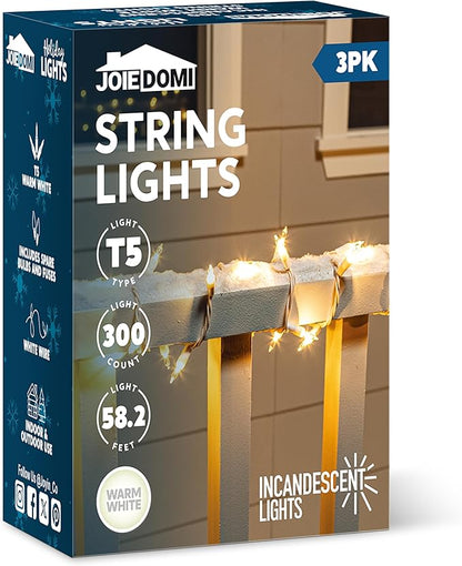 Joiedomi Christmas String Lights Indoor,300(3x100) Mini Warm Fairy Light,64.5FT Lighting Decor for Patio Dorm Classroom Bedroom Holiday Wedding Party Garland Birthday Festival,White Wire
