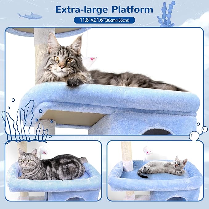 Globlazer Heavy Duty Cat Trees for Large Cats, Sturdy 72in Maine Coon Cat Tree for Large Cats 20 lbs+ Heavy Duty Cat Tower for Adult Biggest Cat with 6 Scratching Posts, Hammock, S72, Ocean Blue-Mewly Pet