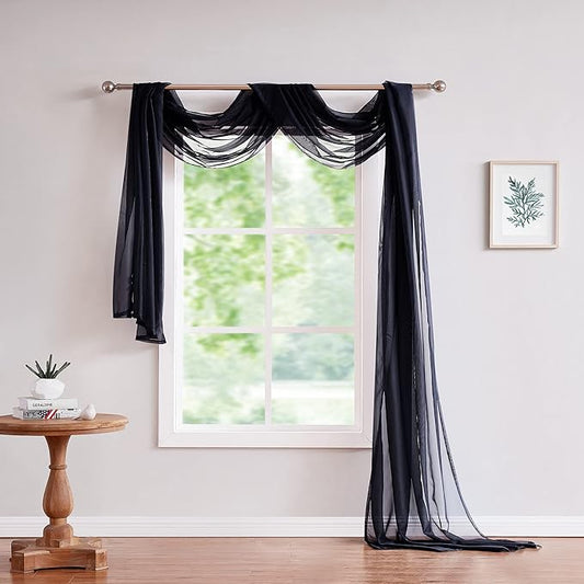 LinenZone Black Window Scarf Valance in 216 Inch Size. Use Window Scarves as Canopy Bed or Backdrop Curtains, Curtain Scarf, or Sheer Fabric for Draping. (Amazing 55 x 216, Black)