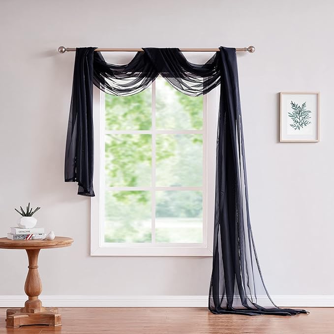 Warm Home Designs 18 Feet Long Sheer Black Window Scarf. These Long Length Valance Window Scarves are 54 X 216 Inches in Size. Great as Bed Canopy or Wedding Arch Draping Fabric. AM Black 216"