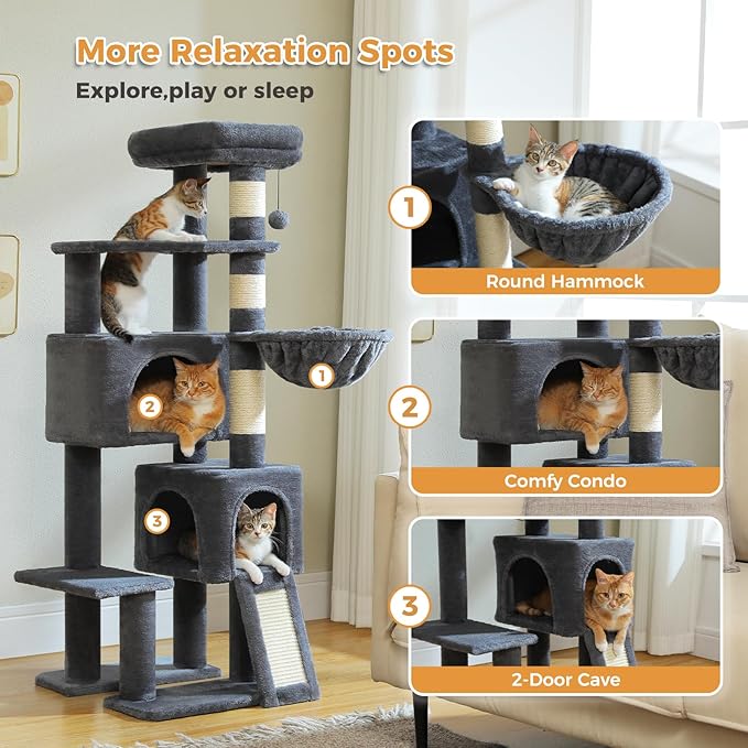 PAWZ Road Cat Tree, 51.6 Inches Cat Tower with Dual Condos, Spacious Perch, Cozy Basket and Sisal-Covered Scratching Posts for Indoor Cats- Dark Gray-Mewly Pet