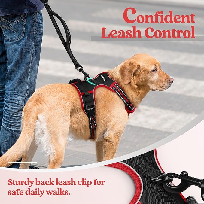 rabbitgoo Dog Harness No Pull with 2 Leash Clips, Adjustable Soft Padded, Reflective Oxford No Choke Pet Vest with Easy Control Handle for Large Dogs, Black & Red, XL-Mewly Pet