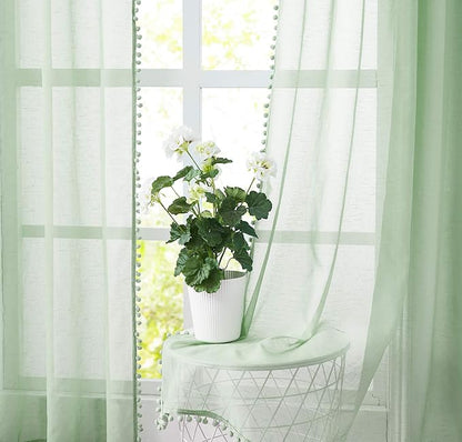 Treatmentex Sage Green Sheer Curtains for Kids-Room 63 inches Slub Textured Pom Pom Window Drapes for Bedroom Sage 52" W x 2 Panels Rod Pocket