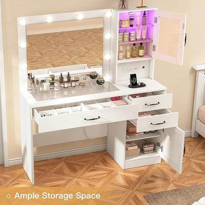 Quimoo Vanity Desk, Makeup Vanity with Lights, Large Mirror Vanity with 3 Drawers and 2 Cabinets, Vanity Table Set with Power Outlet and Glass Tabletop, for Bedroom, White