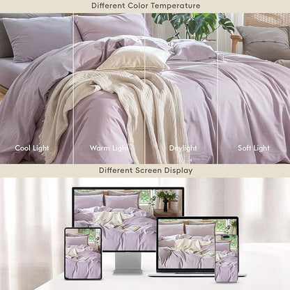 MooMee Bedding Duvet Cover Set 100% Washed Cotton Linen Like Textured Breathable Durable Soft Comfy (Heathered Light Purple, Palatial King/Oversized King 120"x98")