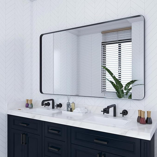 VocalStar 48 x 32 Inch Black Metal Framed Bathroom Mirror for Wall, Large Rounded Rectangle Matte Black Bathroom Vanity Mirror Farmhouse, 1/4-inch Shatterproof Glass | Ultra-Flush Hanging