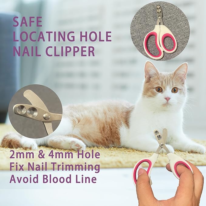 Cat Grooming Brush Kit 6 Tools - Deshedding & Dematting for Long/Short Hair, Self-Cleaning Slicker Brush with 6-in-1 Flea Comb for Cats & Kittens (Pink)-Mewly Pet