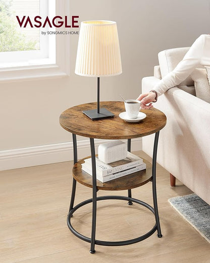 VASAGLE Side Table, 2-Tier Round End Table, Nightstand with Steel Frame for Small Spaces, Living Room, Bedroom, Rustic Brown and Ink Black