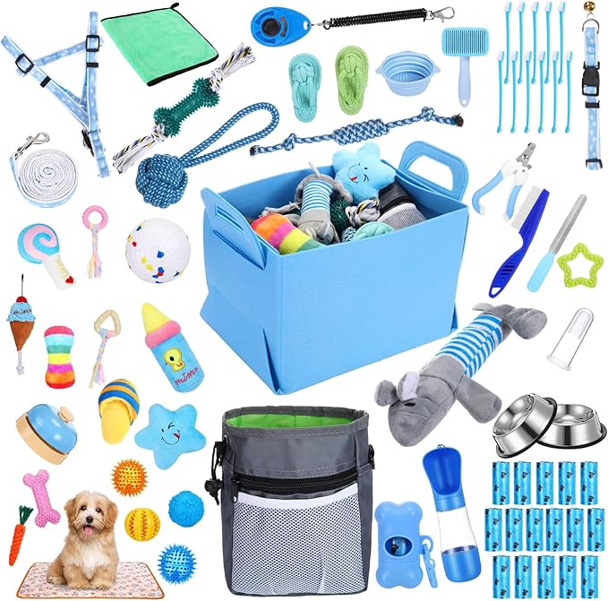 65 Pcs Puppy Supplies Starter Kit Small Dog Essentials Includes Dog Leash, Toys, Bowl, Brushes, Water Bottles, pet Blankets Puppy Accessories for New Welcome Gift Supplies(Cool,Blue)-Mewly Pet