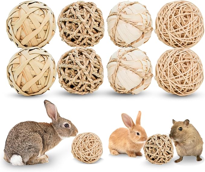 8 Pack Small Pet Chew Toys - 7cm Natural Woven Balls for Rabbits, Guinea Pigs, Hamsters (2 Seagrass, 2 Rattan, 2 Corn Husk, 2 Seaweed Rope) - Safe Dental Grinding Toys-Mewly Pet