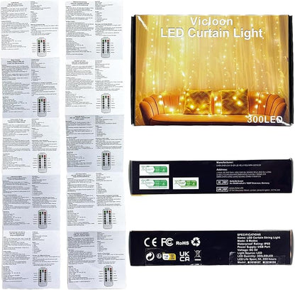 Vicloon Fairy Curtain Lights,300 LED White Curtain Lights,8 Modes 9.8×9.8Ft Waterproof Window Curtain String Light USB Powered with Remote Control,Christmas String Lights Curtain for Indoor/Outdoor