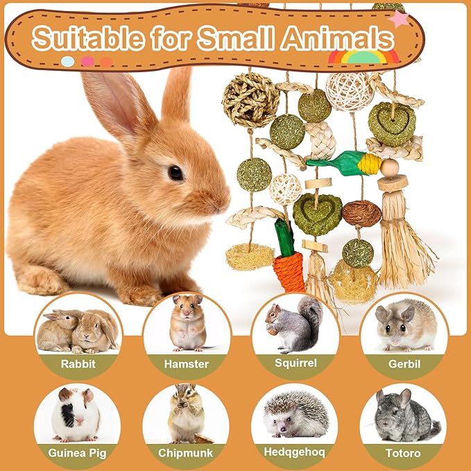 VESPRO Bunny Chew Toys, Rabbit Cage Hanging Chewing Toy and Treats Snack Ring, for Rabbits Chinchilla Guinea Pig Hamsters Grinding Teeth with Other Small Pets, Natural Materials Handwoven (5 Strings)-Mewly Pet