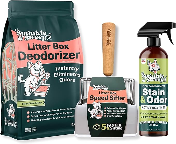 Sprinkle & Sweep Litter Box Deodorizer - Cat Litter Deodorizer Non Toxic and Safe for Kittens - Instantly Eliminates Foul Smells and Urine Odors (Bag, Sifter & Spray)-Mewly Pet