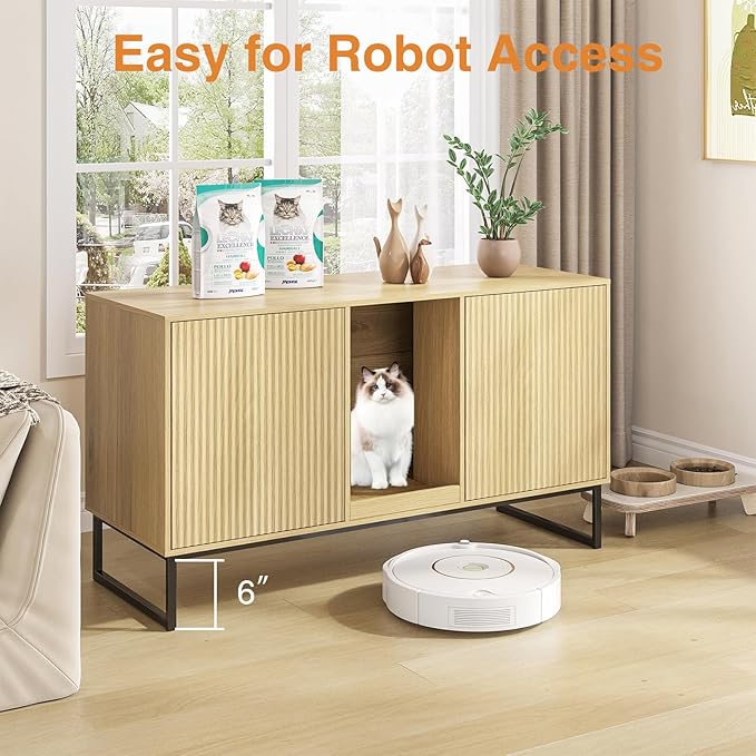 Litter Box Enclosure for 2 Cats, Fluted Hidden Cat Litter Box Furniture with Scratch Pad and Metal Legs, Modern Double Room Kitty House for Living Room, Washroom, 47.2”L x 17.7”W x 25.9”H, Natural-Mewly Pet