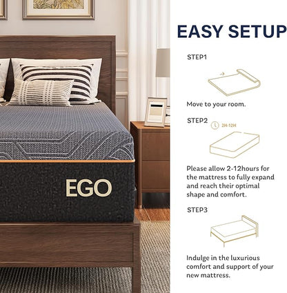 EGOHOME 14 Inch Twin XL Mattress, Copper Gel Memory Foam Mattress for Pain Relief, Therapeutic Mattress in a Box, CertiPUR-US Certified, Fiberglass Free Medium Mattress, Black