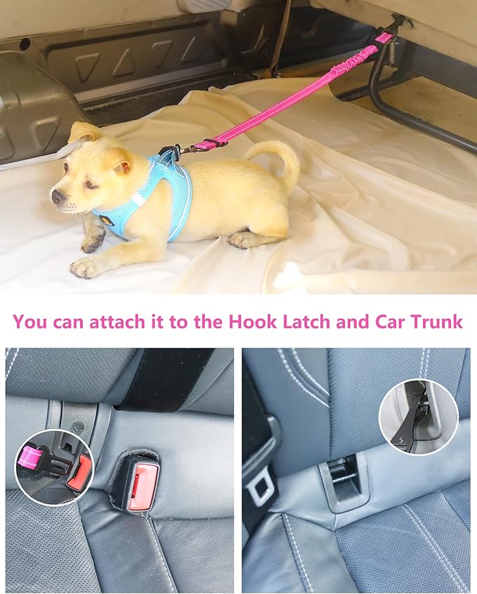 AUBELL Dog Seat Belt for Car,Updated 3-in-1 Adjustable Reflective Bungee Heavy Duty Dog Car Harness Tether with Clip Hook Latch & Buckle,Swivel Zinc Alloy Carabiner,Hotpink-Mewly Pet