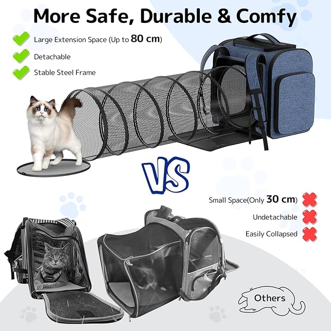 Pawtners Cat Carrier Backpacks Expandable Pet Backpack with Breathable Mesh, Pet Carrier Backpack for Cats Small Dogs Puppies Up to 18 Lbs, Dog Carrier Backpack for Travel Hiking Camping Outdoor Blue-Mewly Pet