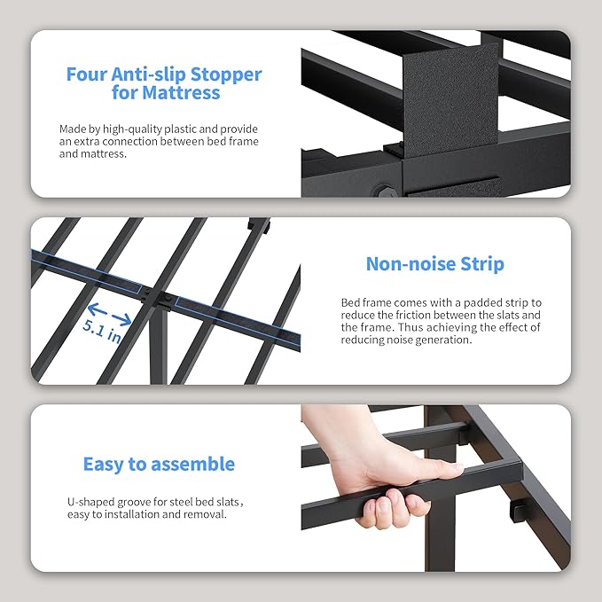 ROIL 12 inch Twin XL Bed Frames with Headboard Hole and Round Corner Legs Mattress Retainers 3500LBS Heavy Duty Steel Slats No Box Spring Needed Platform Noise-Free Underneath Storage