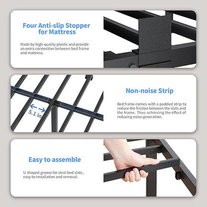 ROIL 14 inch Full Size Bed Frame with Headboard Hole and Round Corner Legs Mattress Retainers 3500LBS Heavy Duty Steel Slats No Box Spring Needed Platform Noise-Free Underneath Storage