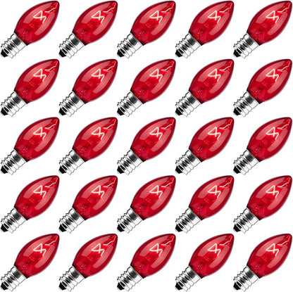 25 Pack Replacement C7 Light Bulbs for E12 Base Christmas String Lights, Classic Christmas Bulbs for Holiday Party Indoor Outdoor Garden Backyard Cafe Xmas Decoration, Red