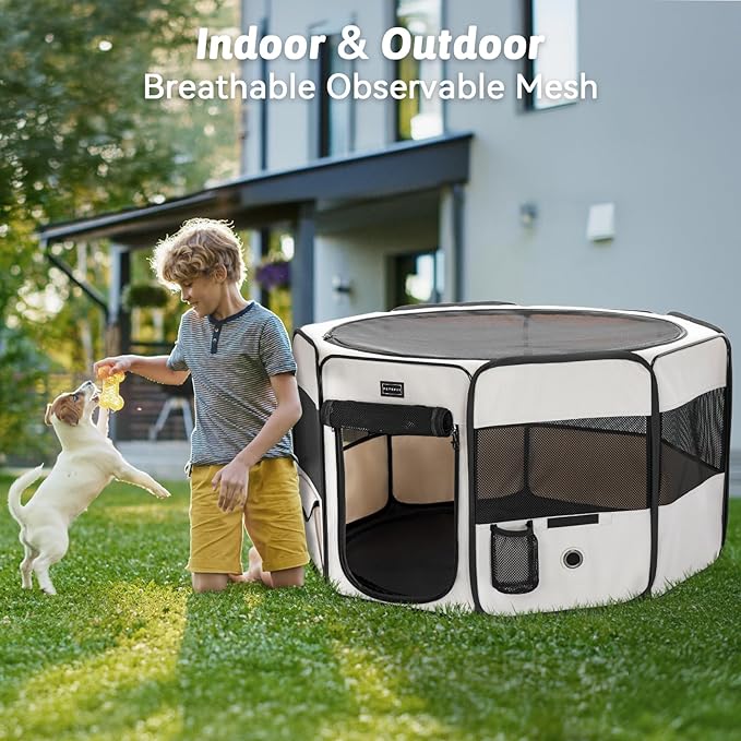 PETSFIT 29" Puppy Playpen with Removable Waterproof Mat & Zippered Roof | RV, Camping, Travel Dog Pen | Indoor/Outdoor Whelping & Cat Observation Space(29.5"x29.5"x16.5"H)-Mewly Pet
