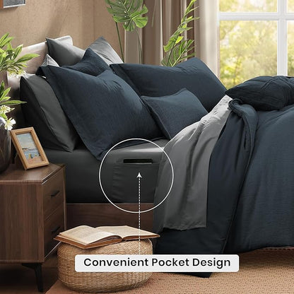 Monbix Full Size Comforter Set, Navy Blue Bedding Comforter for Full Size Bed Set Reversible, Bedding Sets Full 7 Pieces, Cationic Dyeing Bed in a Bag with Comforter, Sheets, Pillowcases & Shams