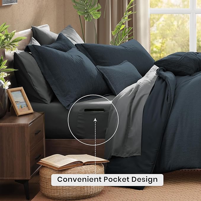 Monbix King Size Comforter Set, Navy Blue King Size Bed Set Reversible, King Comforter Set 7 Pieces, Cationic Dyeing Bed in a Bag with Comforter, Sheets, Pillowcases & Shams