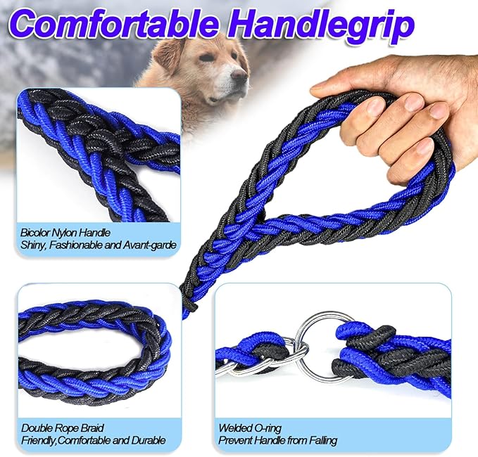 Dog Leash Rope Chain, Nylon Rope Metal Chain for Pet Leads. 6ft Heavy Duty Chew Proof Training Walking for Medium Large Dogs. (Large, Blue&Black)