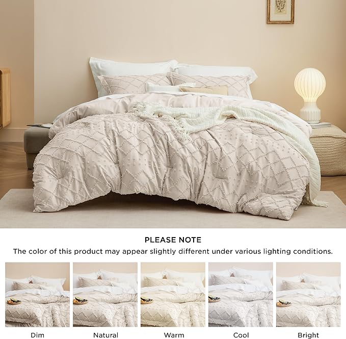 Bedsure Oversized King Comforter Set - Beige Comforter, Boho Tufted Shabby Chic Bedding, 3 Pieces Vintage Farmhouse Bed Set for All Seasons, Fluffy Soft Bedding with 2 Pillow Shams