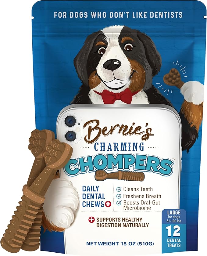 Bernie's Charming Chompers - Daily Dental Chews for Dogs 50-100 Lbs. - 12 Count - Cleans Teeth, Freshens Breath, + Boosts Oral-Gut Microbiome. Easy to Digest, Supports Healthy Digestion Naturally-Mewly Pet