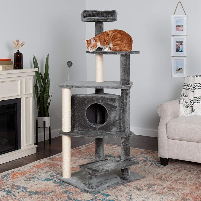 Furhaven 59.8" Tall Cat Tree for Indoor Cats, Ft. Sisal Scratching Posts, Condo, & Toys - Tiger Tough Platform House Interactive Playground Tower - Gray, One Size-Mewly Pet
