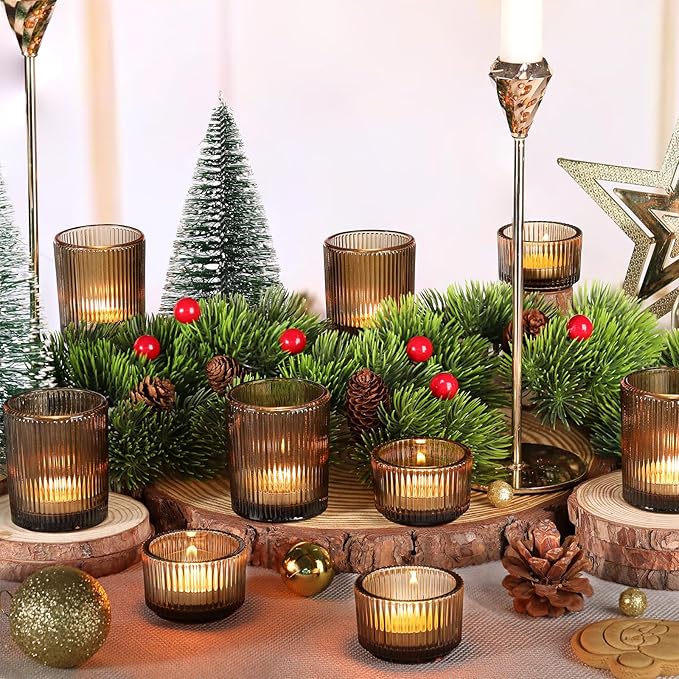 20pcs Ribbed Amber Votive Candle Holders, Assorted Glass Tea Light Candle Holders for Fall Decor, Amber Candle Holders for Wedding Centerpieces, Thankgiving and Christmas Decorations