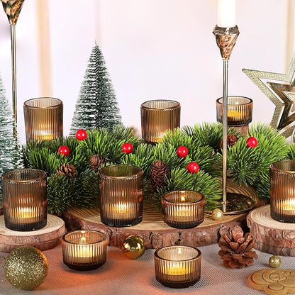 20pcs Ribbed Amber Votive Candle Holders, Assorted Glass Tea Light Candle Holders for Fall Decor, Amber Candle Holders for Wedding Centerpieces, Thankgiving and Christmas Decorations