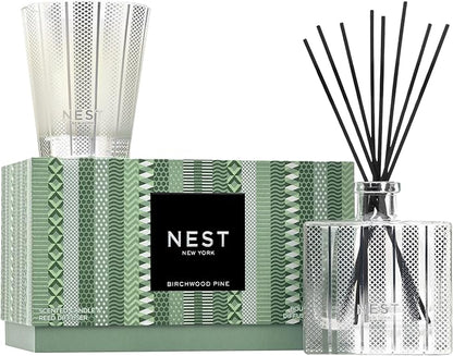 NEST New York Scented Classic Candle (8.1 oz) & Diffuser (5.9 fl oz) Set, Birchwood Pine - Reusable Glass Vessel - Vegan, Cruelty Free