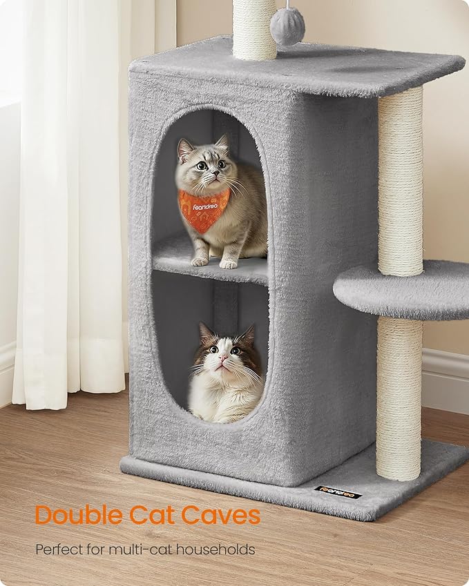Feandrea Cat Tree Tower with 2 Caves for Multi-Cat Households, Kittens, Scratching Posts, Light Gray UPCT005G01-Mewly Pet