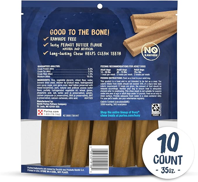 Purina Busy Bone Made in USA Facilities, Long Lasting Small/Medium Breed Adult Dog Chews, Peanut Butter Flavor - 10 ct. Pouch (Pack of 2)-Mewly Pet